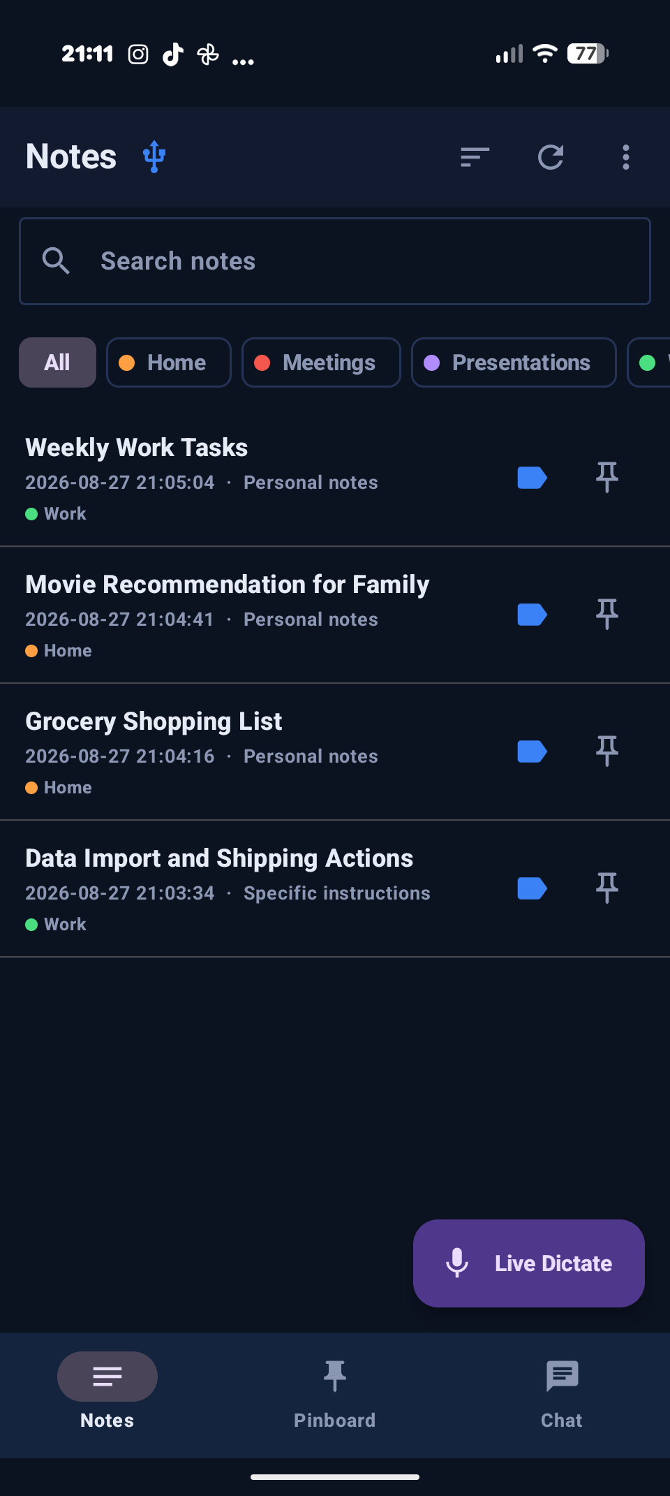 Clionote notes list on Android, showing transcribed and tagged voice notes