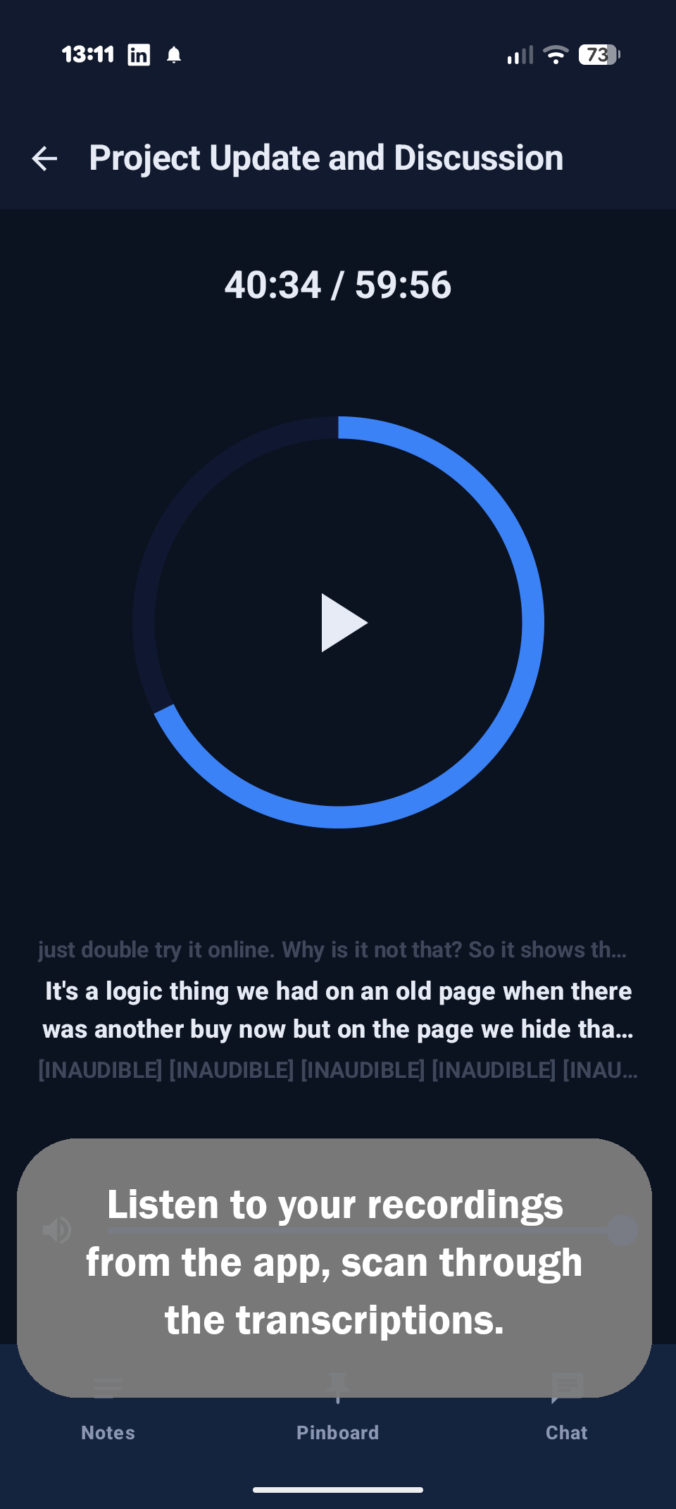 Note playback screen with the transcript scrolling alongside the audio